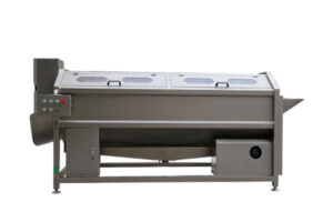 Brush cleaning and peeling machine for root vegetables